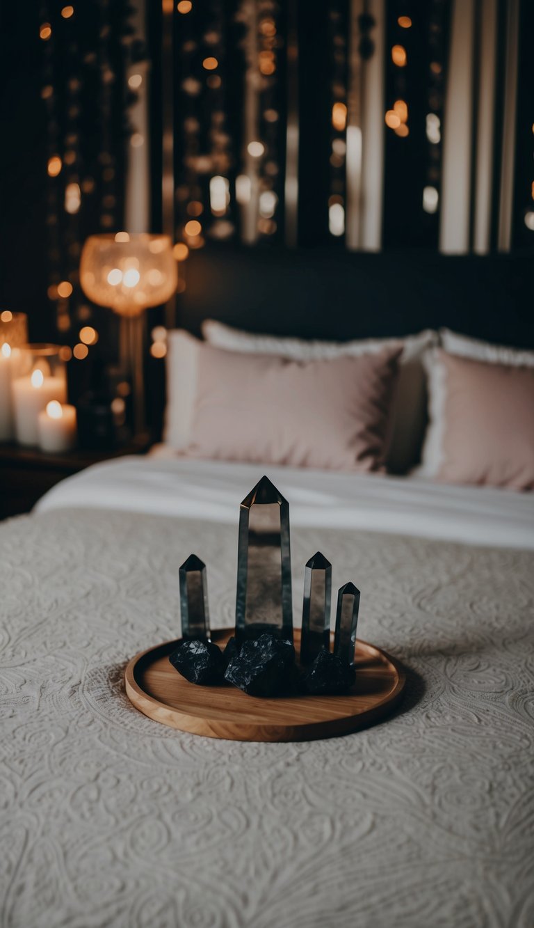 A dark, feminine bedroom adorned with smoky quartz crystals