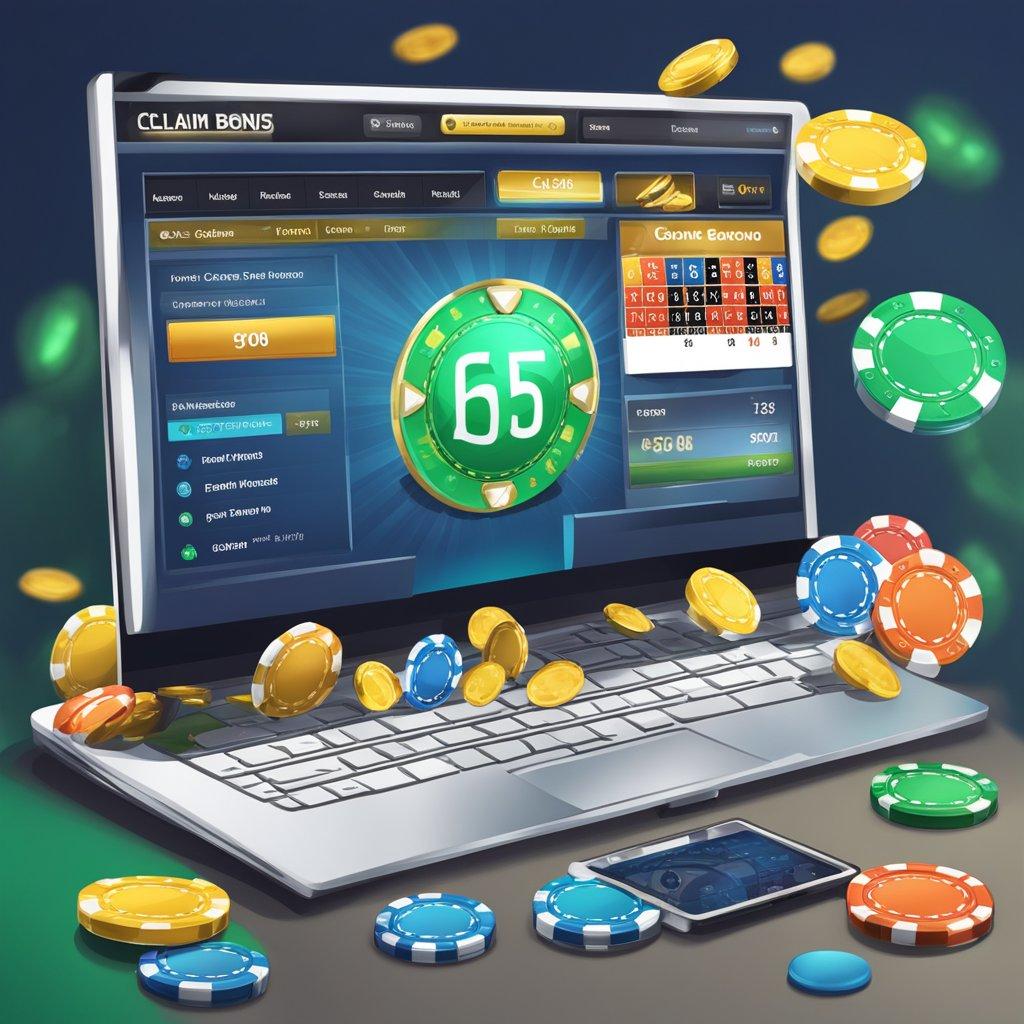 A computer screen displaying an online casino website with a "claim bonus" button highlighted. A mouse cursor hovers over the button