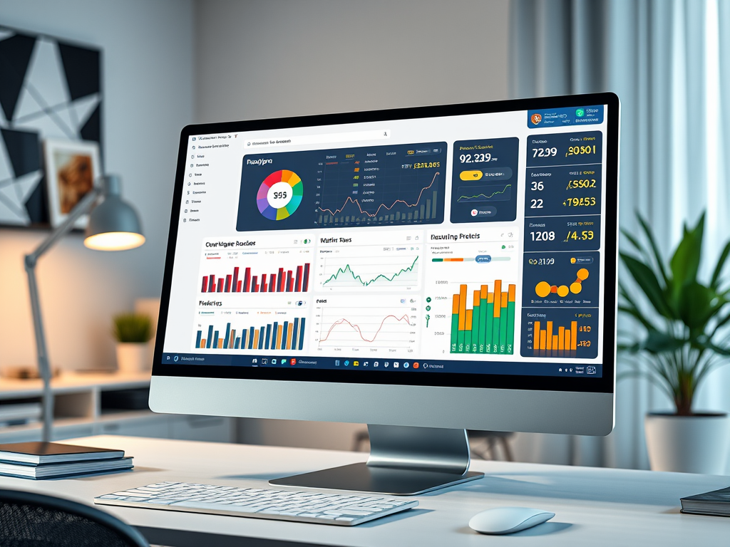 Create a realistic image of a sleek desktop computer screen displaying a sophisticated financial analytics dashboard with colorful graphs, pie charts, and real-time cryptocurrency price tickers, showcasing advanced portfolio management tools and performance metrics, set against a modern home office background with soft, warm lighting.