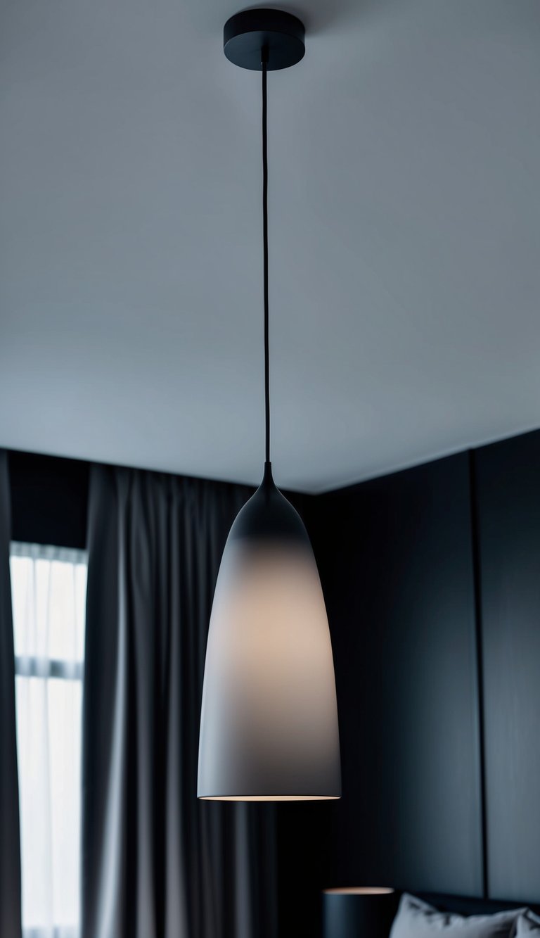 A smoky gray pendant light hangs above a sleek, modern bedroom with black and gray accents, creating a moody and sophisticated ambiance