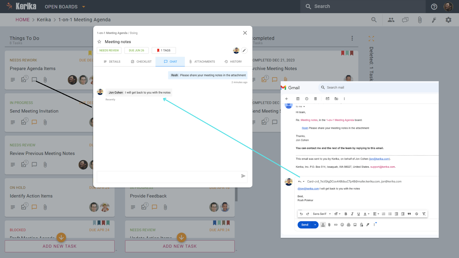 Captură de ecran care demonstrează integrarea perfectă „Răspuns prin e-mail la chat” a Kerika pentru conversații specifice sarcinilor. Conectează vizual un chat dintr-un card de activitate Kerika („Note de întâlnire”) la o notificare prin e-mail din Gmail și apoi arată cum, simplul răspuns la acel e-mail, trimite răspunsul direct înapoi în fluxul de chat al sarcinii. Această funcție puternică sporește colaborarea și ușurința de utilizare, permițând utilizatorilor să răspundă instantaneu din căsuța lor de e-mail, păstrând conversația contextualizată în cadrul sarcinii și economisind timp prețios.