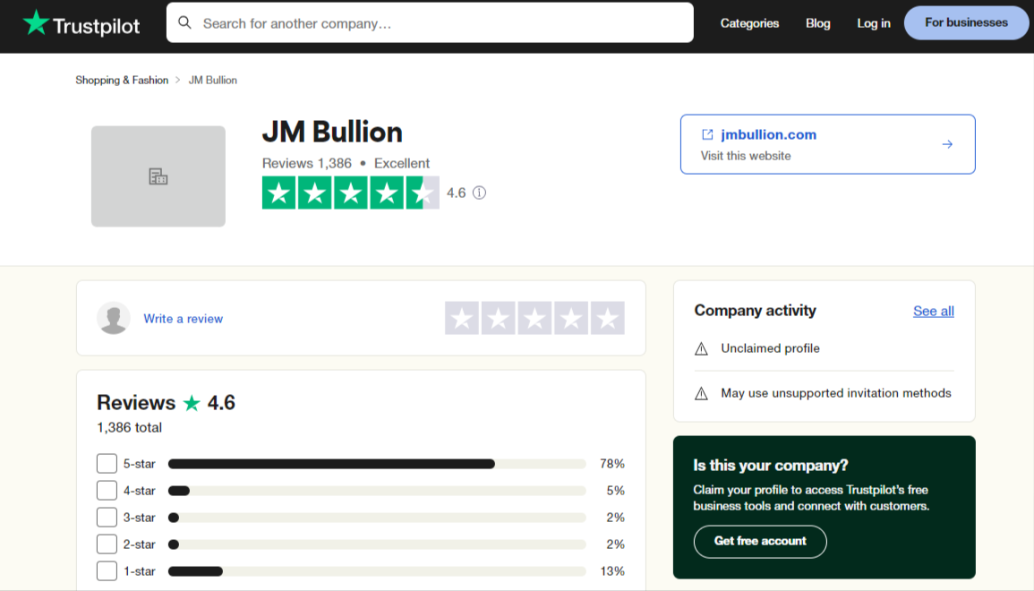 JM Bullion complaints on Trustpilot