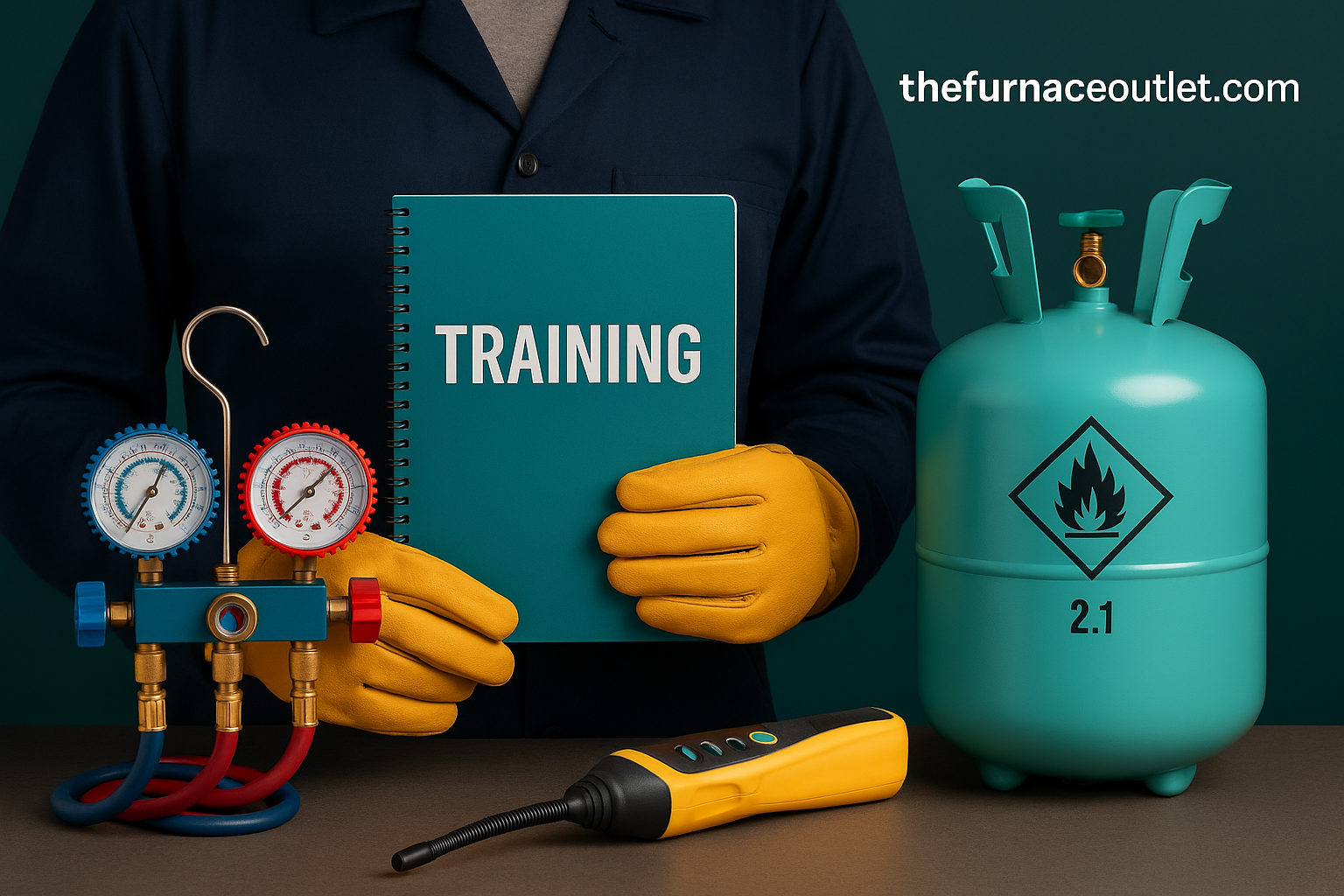 HVAC professional participating in hands-on A2L refrigerant training, learning about flammability, PPE, and fire response procedures.
