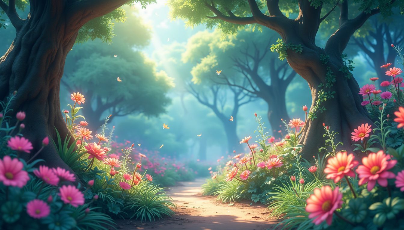 A whimsical forest scene with vibrant foliage and magical creatures. A whimsical forest scene with vibrant foliage and magical creatures.