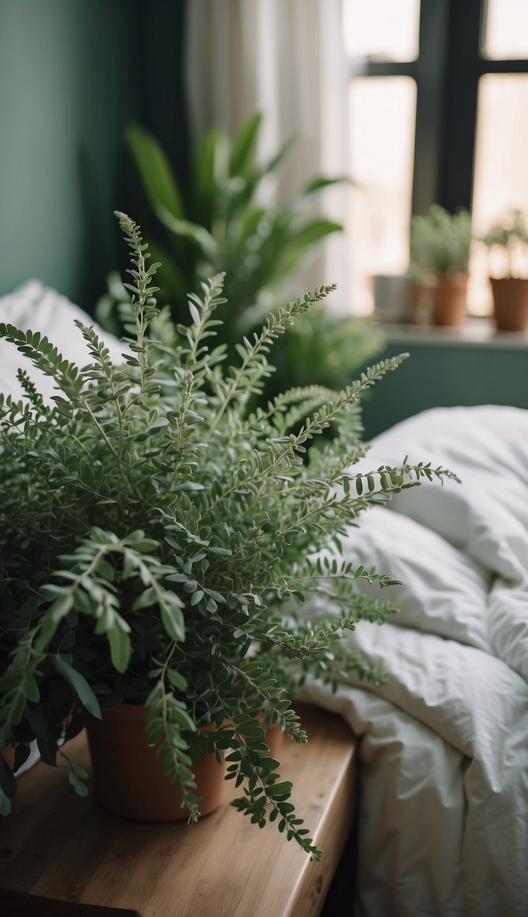 Lush sage green plants fill a serene bedroom, creating a calming and natural atmosphere