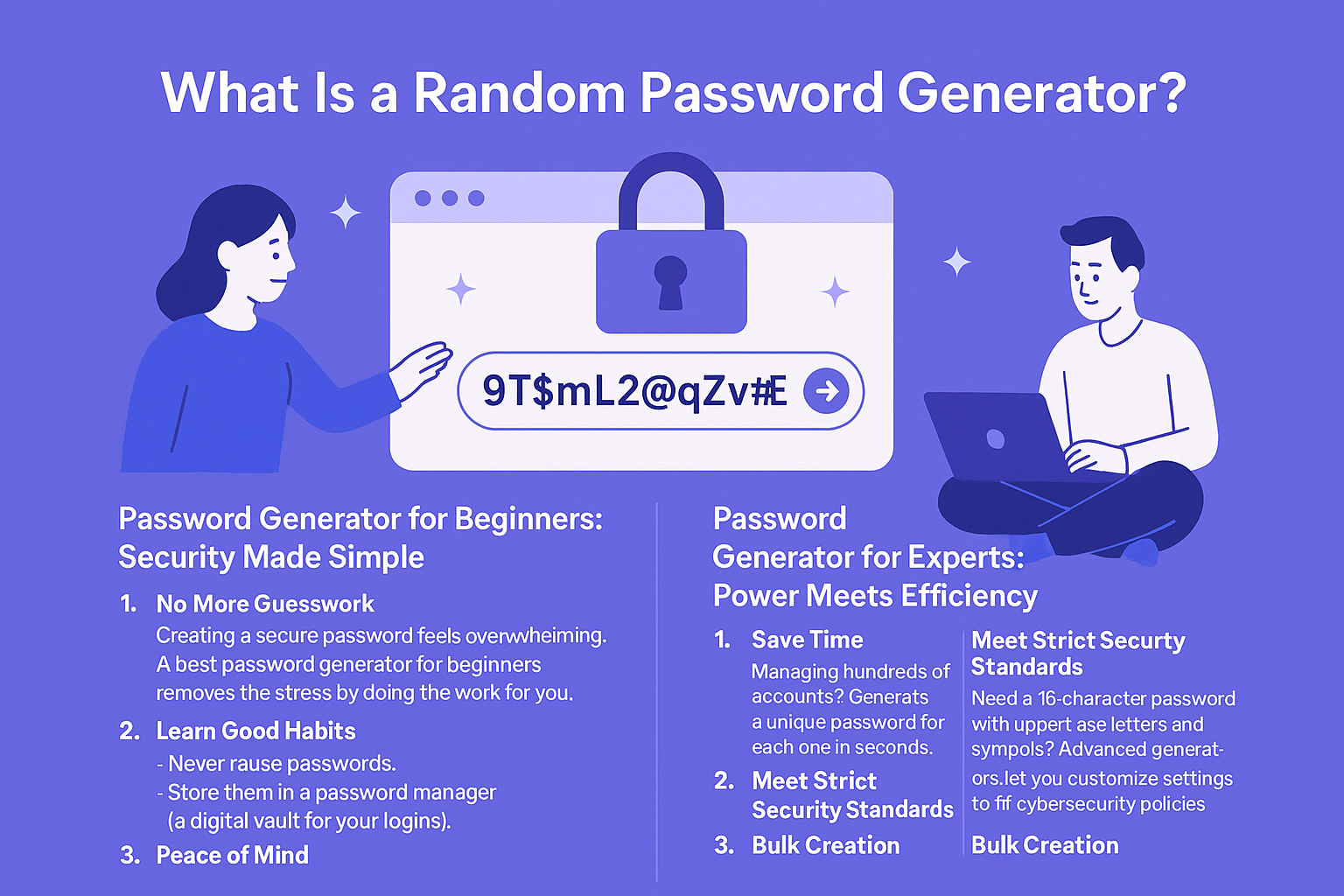 "Illustration of a digital password generator interface displaying a randomly generated strong password, with security icons like a padlock and shield symbolizing cybersecurity and protection."

