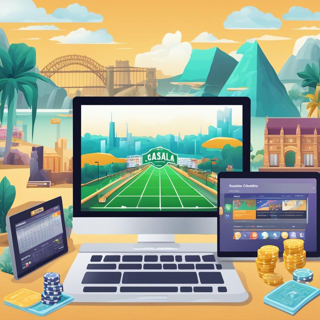 A computer screen displaying a gambling website with a backdrop of Australian landmarks and resources for addiction support