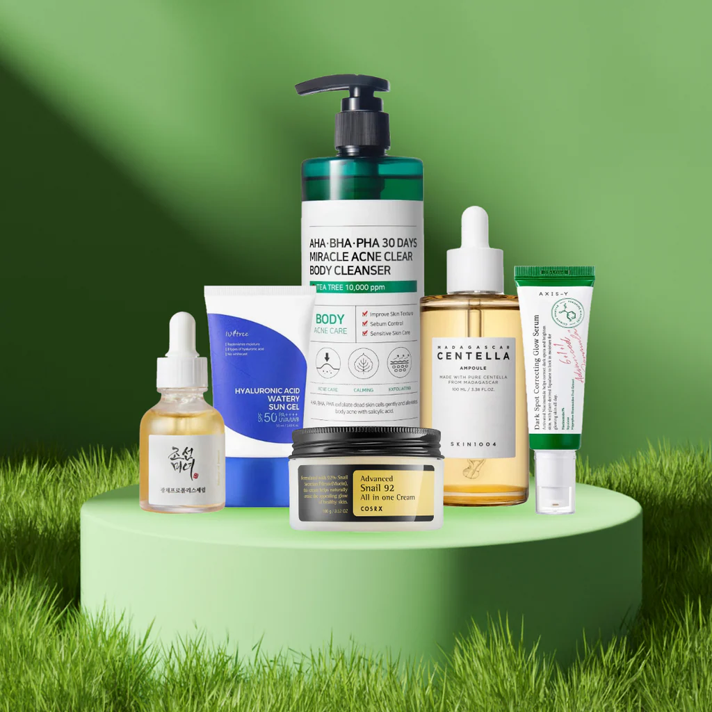 Korean morning skincare products, including SPF and essence