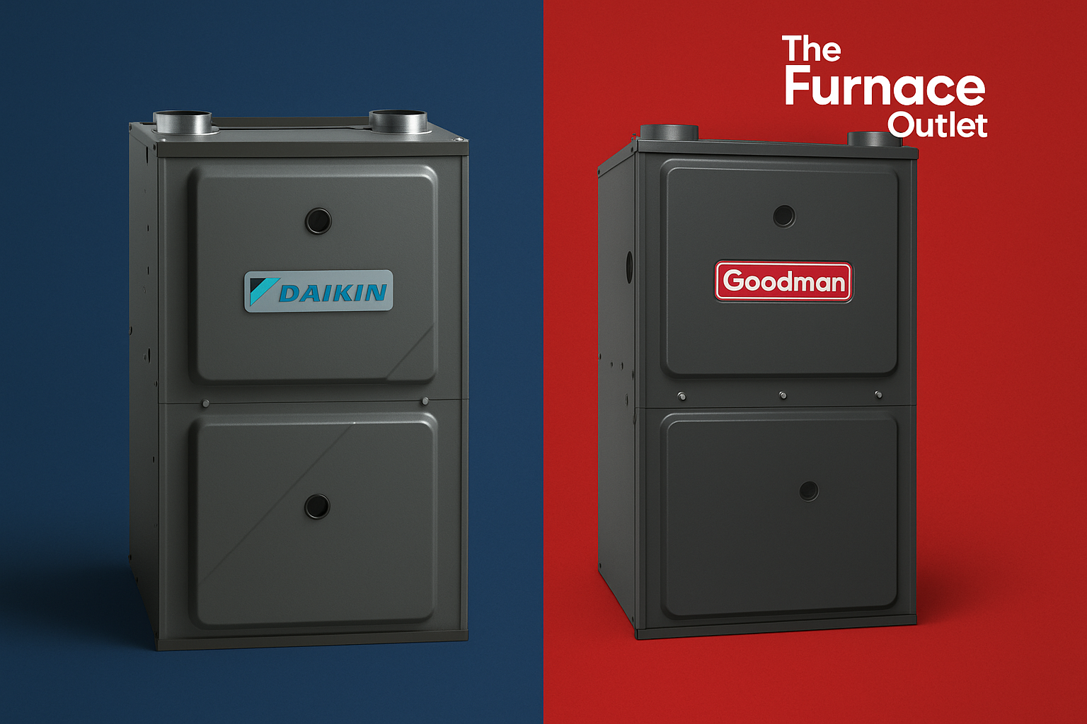 Side-by-side image of Daikin and Goodman furnaces on blue and red backgrounds with The Furnace Outlet branding, symbolizing real homeowner satisfaction and product reliability