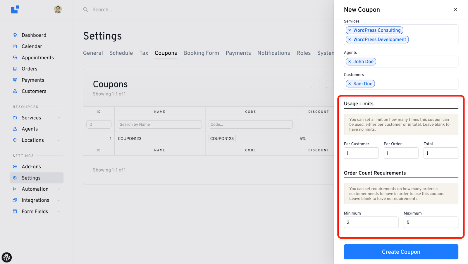 minimum and maximum order count requirements for a custome using the coupon