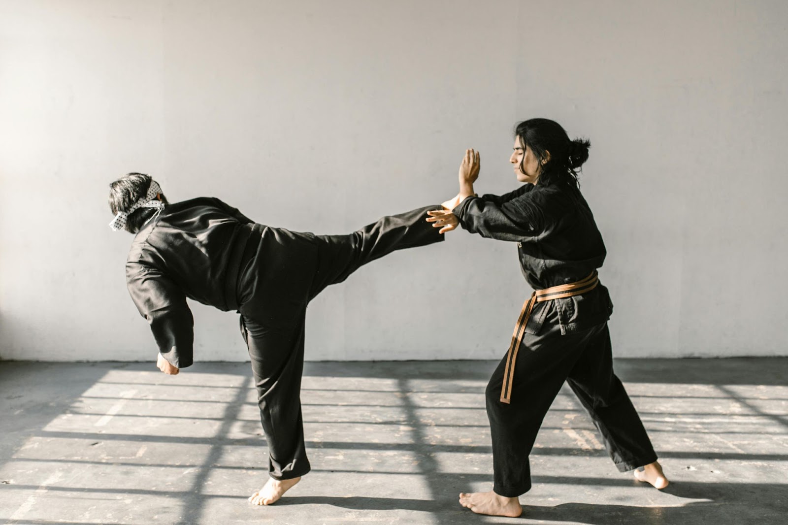 A martia arts instructor performs a kick on a student who blocks it