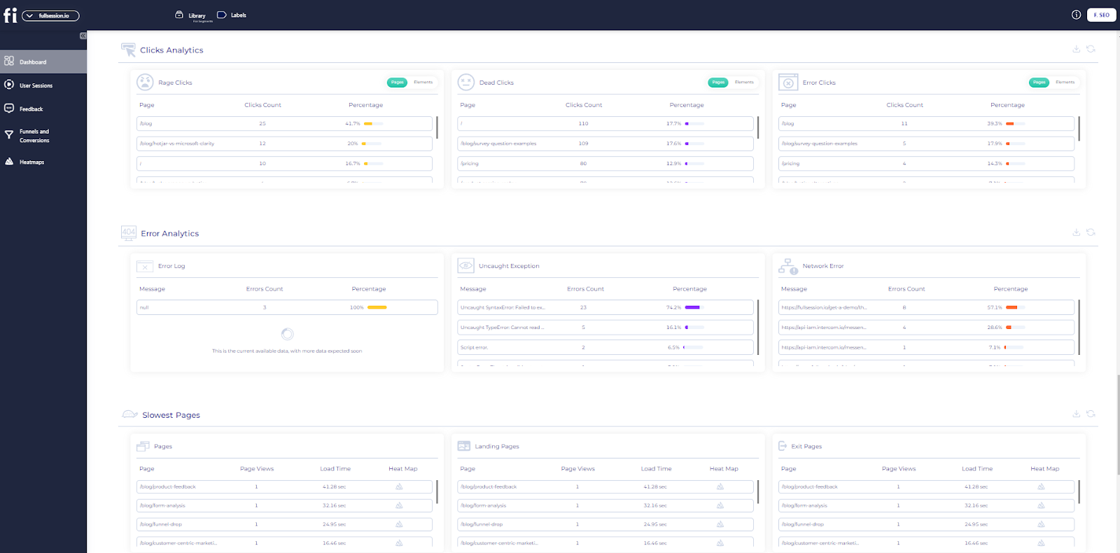 FullSession error analysis for ux audit