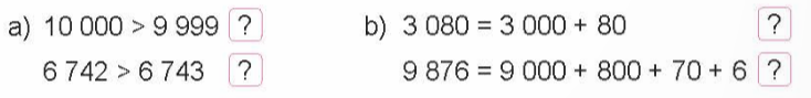 BÀI 46. SO SÁNH CÁC SỐ TRONG PHẠM VI 10 000Hoạt độngBài 1: <; >; = ?Đáp án chuẩn:a) 856 < 7 560   5 831 > 5 381b) 6742 < 7 624    8 905 < 8 955Bài 2: Các bạn Mai, Nam và Việt đang ở trong mê cung (như hình vẽ).Hỏi:a) Mỗi bạn ra khỏi mê cung qua cửa ghi số nào?b) Bạn nào ra khỏi mê cung qua cửa ghi số lớn nhất?c) Bạn nào ra khỏi mê cung qua của ghi số bé nhất?Đáp án chuẩn:a) Mai ra khỏi mê cung qua cửa ghi số 1 420.   Nam ra khỏi mê cung qua cửa ghi số 2 401.   Việt ra khỏi mê cung qua cửa ghi số 1 240.b) Nam ra khỏi mê cung qua cửa ghi số lớn nhất.c) Việt ra khỏi mê cung qua cửa ghi số bé nhất.Bài 3: Rô-bốt từng đi qua bốn cây cầu có chiều dài như sau:a) Trong những cây cầu đó, cây cầu nào dài nhất, cây cầu nào ngắn nhất?b) Nếu tên những cây cầu trên theo thứ tự từ dài nhất đến ngắn nhất.Đáp án chuẩn:a) Cầu Đình Vũ - Cát Hải dài nhất.   Cầu Cần Thơ ngắn nhất.b) Cầu Đình Vũ - Cát Hải, Cầu Vĩnh Thịnh, Cầu Nhật Tân, Cầu Cần Thơ.Luyện tập