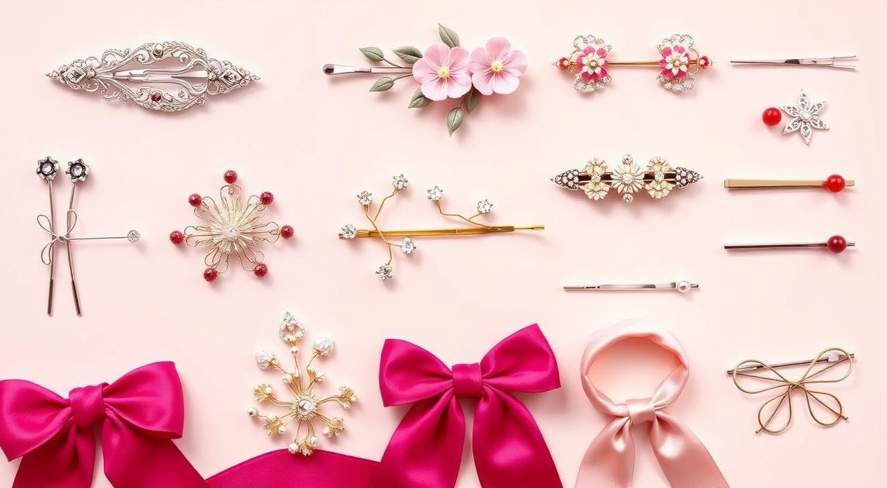 A beautifully arranged collection of traditional and modern Korean hair accessories, featuring ornate hanbok-inspired hairpins, delicate floral clips, sleek minimalist barrettes, and vibrant silk ribbons, set against a soft pastel background that highlights the elegance and diversity of Korean hair fashion.