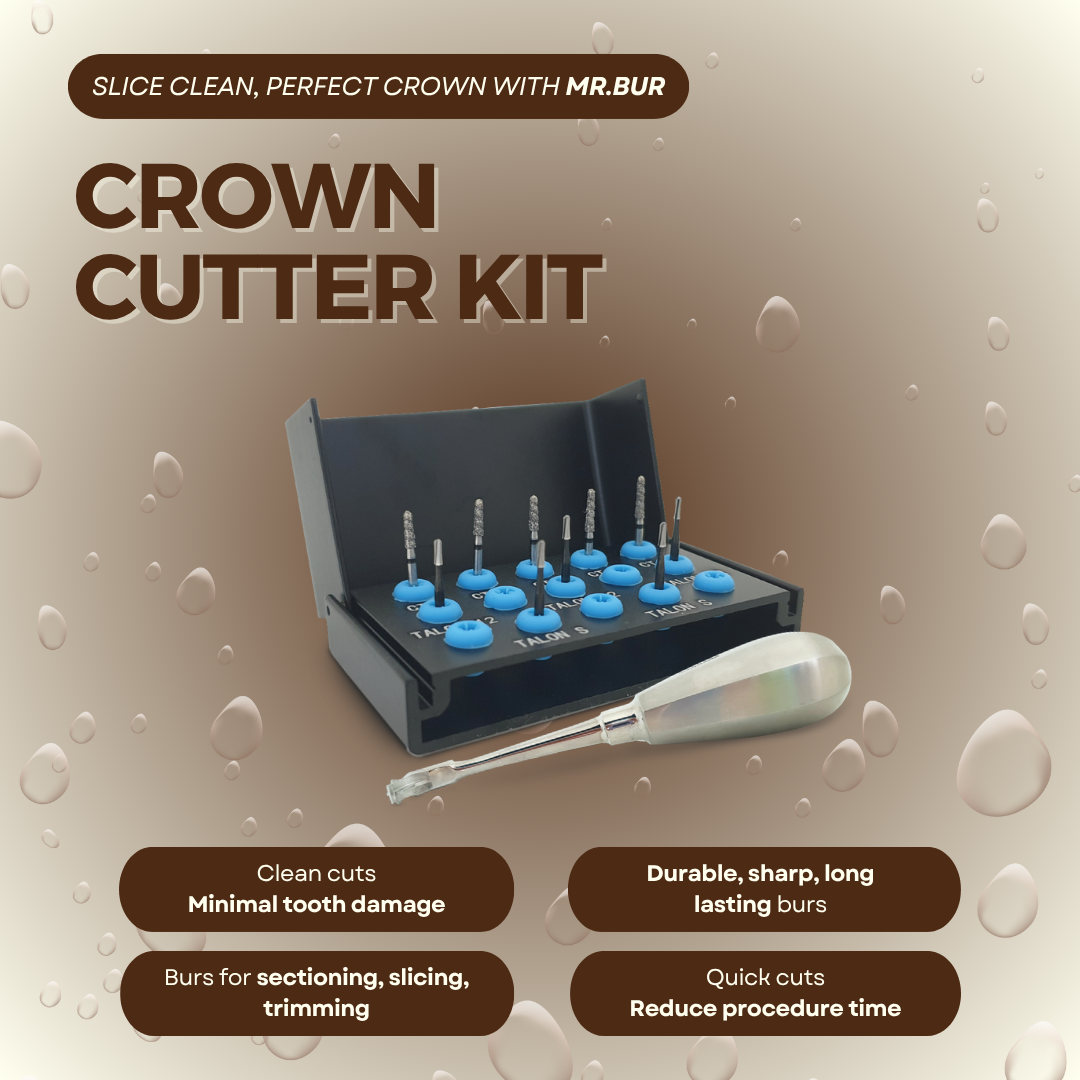 Mr. Bur Crown Cutter Kit for efficient crown removal, featuring hybrid and carbide burs with an instrument for safely cutting and separating zirconia, PFM, and e.max crowns.