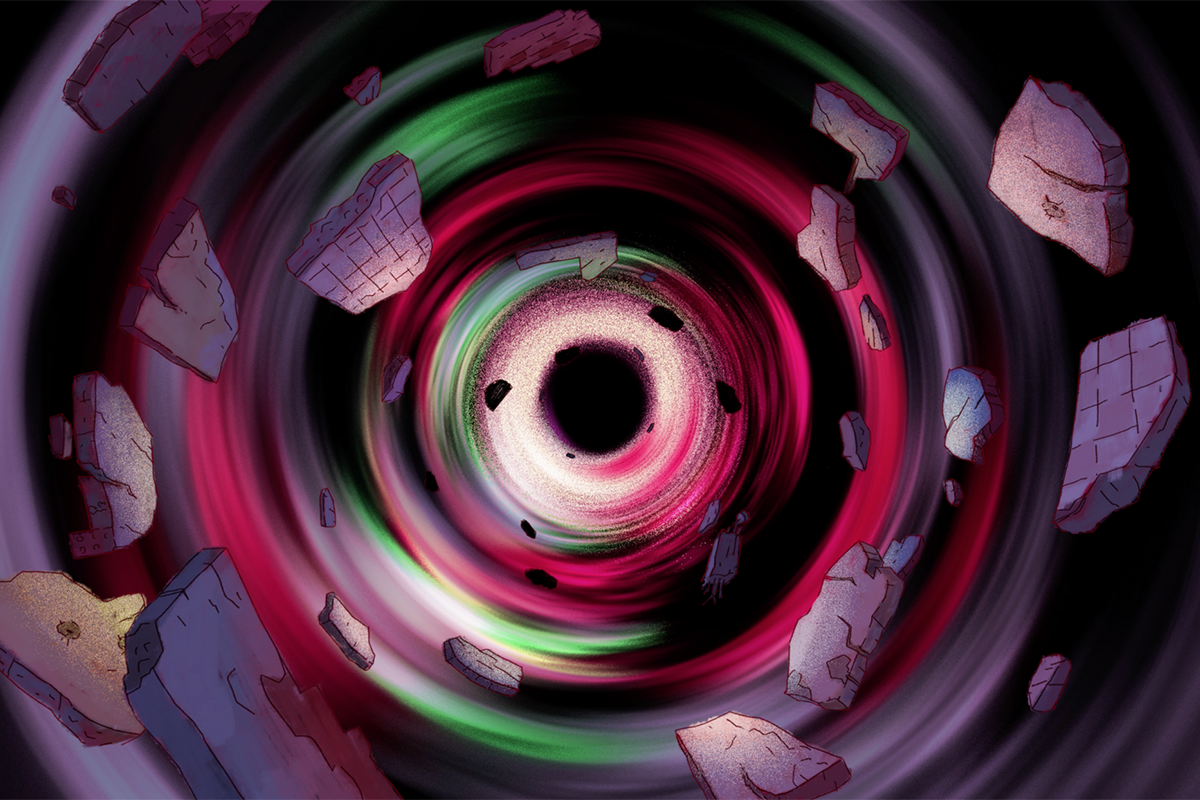 A still image of an illustrated vortex in green, pink, black and purple from "Lyd."