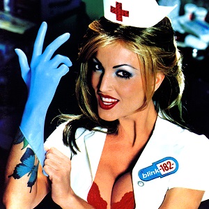 Blink-182's 'Enema of the State' album cover featuring a nurse with blonde hair, wearing a white uniform and a red cross hat, pulling on a blue glove with a seductive expression, revealing a red bra and a tattoo of a blue butterfly on her arm.