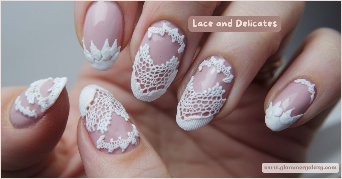 Close-up of nails with white lace designs on a natural pink base, titled “Lace And Delicates.”