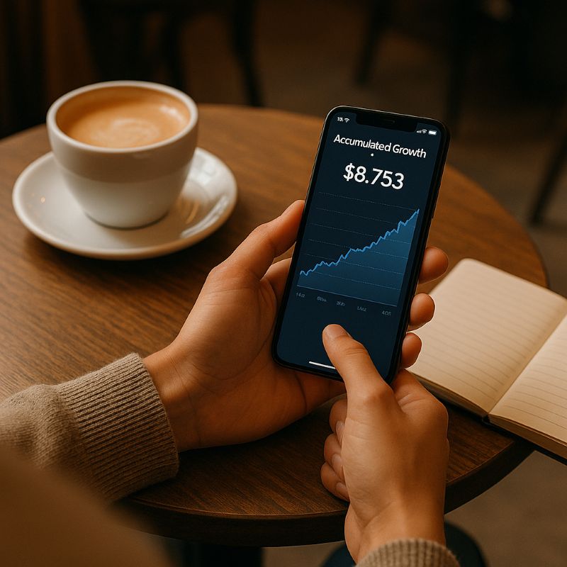 Người ngồi quán cà phê theo dõi số dư tích lũy trên app