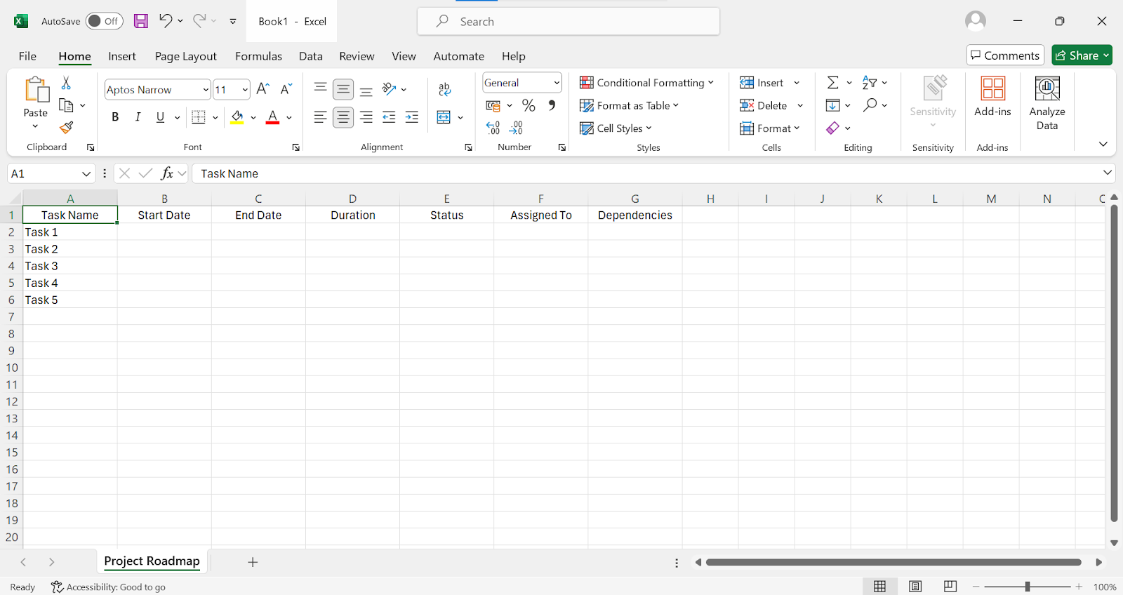 Entering project data on Excel