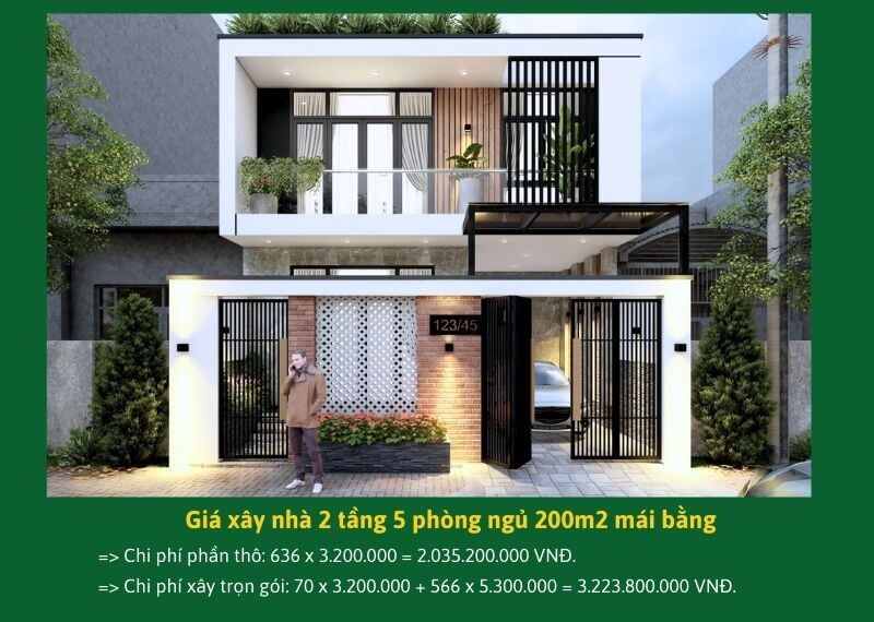 Giá nhà 2 tầng 5 phòng ngủ 200m2 mái bằng Xây dựng Nhất Tín