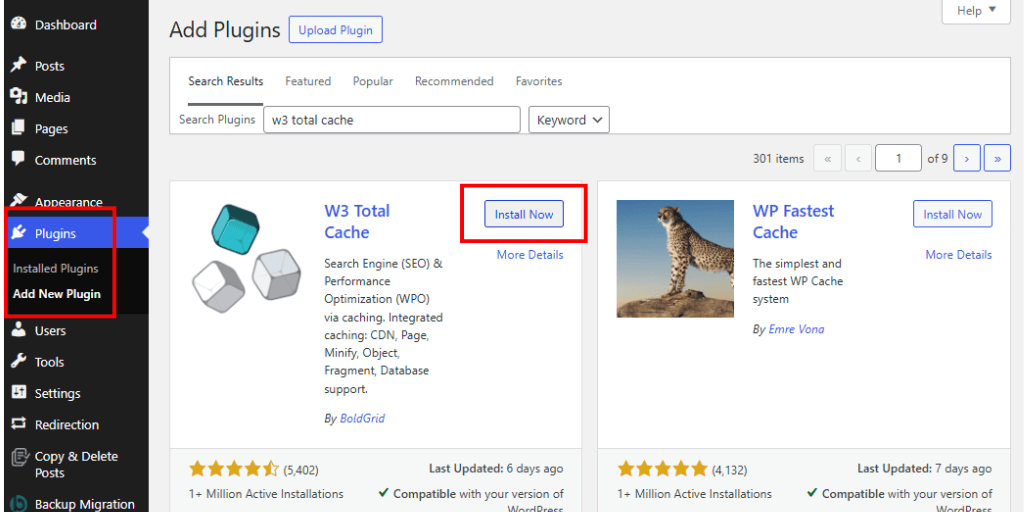 Install  and Activate W3 Total Cache