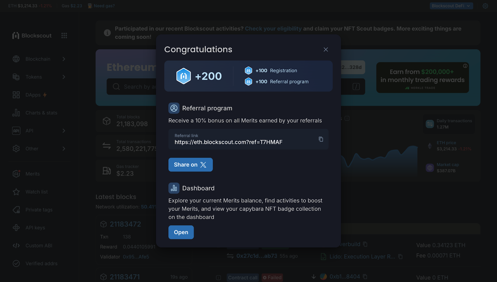 Referral program window for the Merit Program