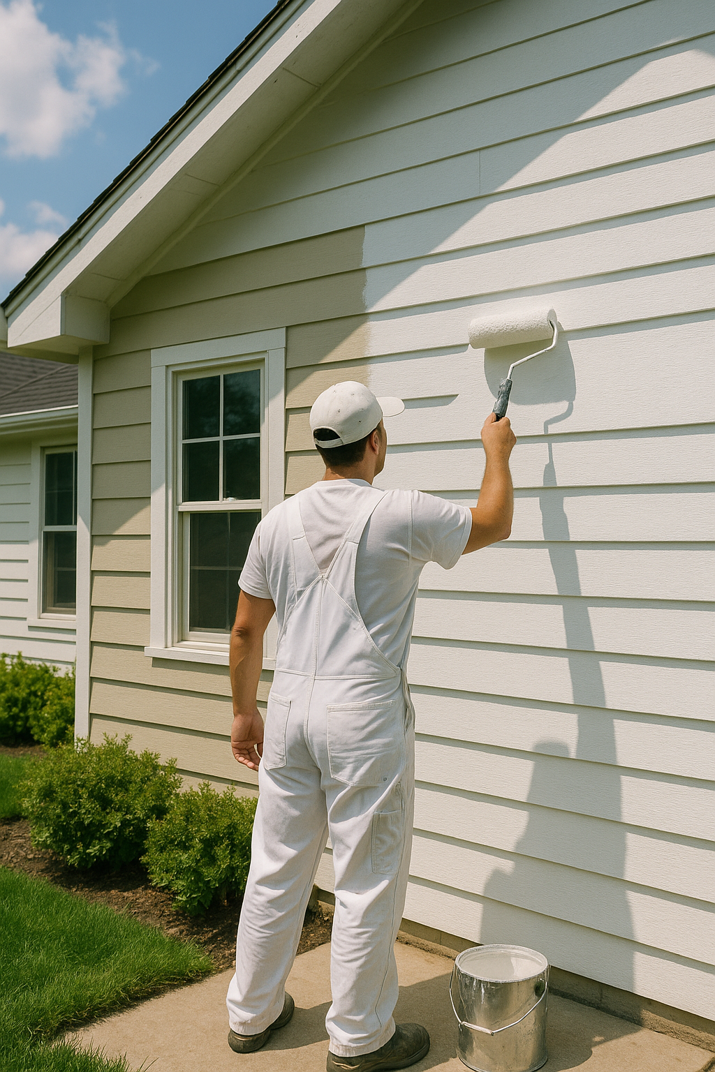 Painter applying a fresh coat on a house's exterior