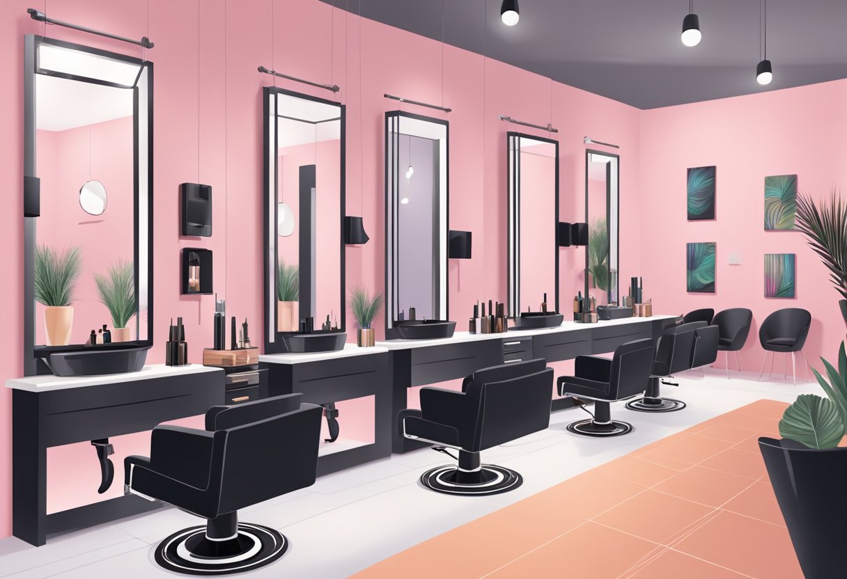 A modern salon with sleek decor, featuring lash extension stations, trendy beauty products, and a diverse clientele enjoying pampering services