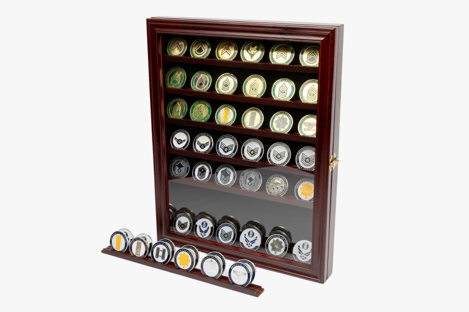 A challenge coin display case with a lockable door.