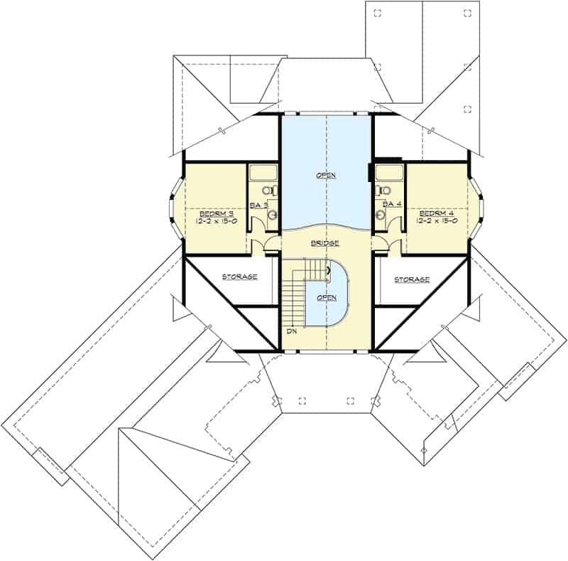 Second level floor plan with two bedrooms separated by a balcony bridge.
