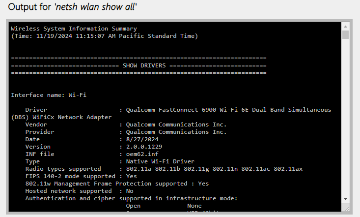 netsh wlan show all output