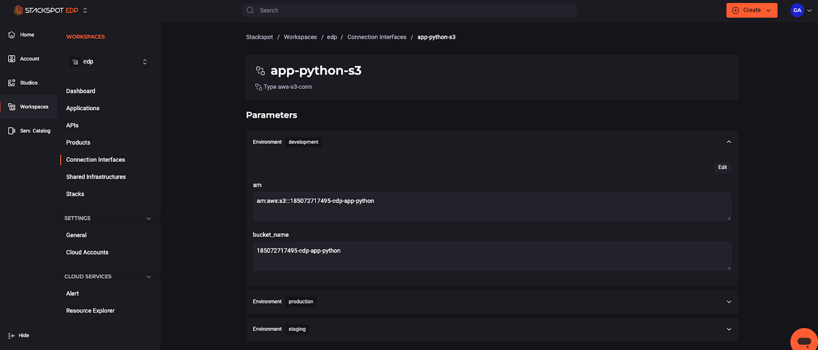 Imagem do conteúdo sobre Plataforma de desenvolvimento, onde há uma tela da interface da StackSpot com a opção Connection Interfaces app-python-s2.