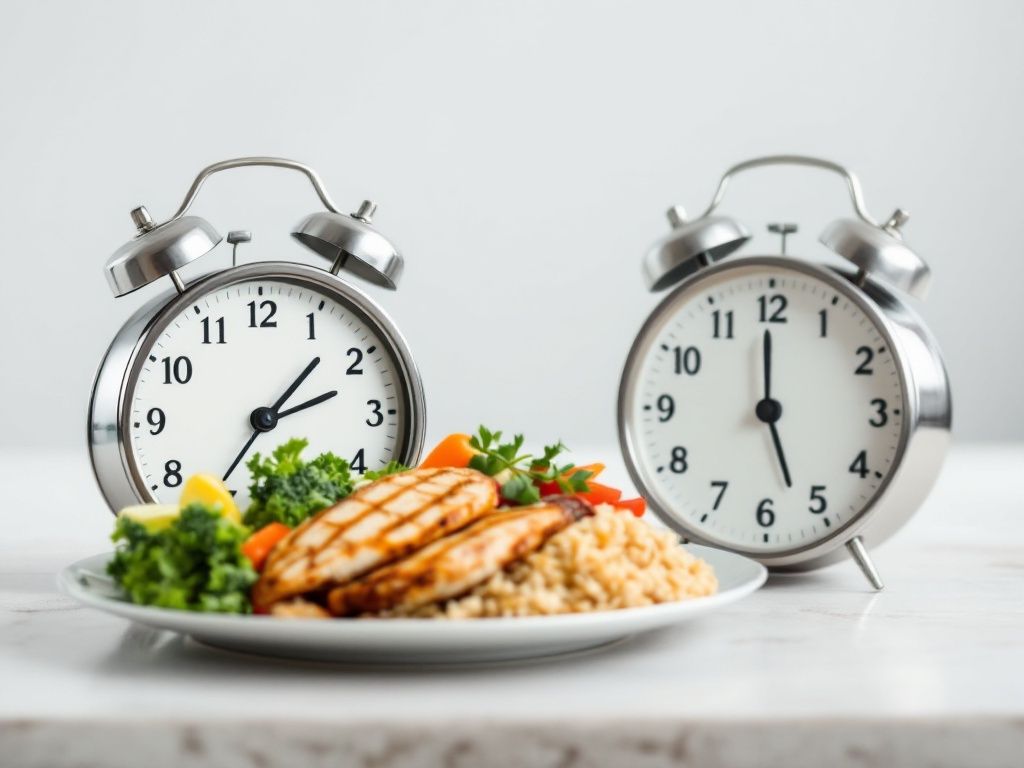 A photorealistic shot capturing a simple, unadorned analog clock face showing 2:00, placed next to a plain plate with a balanced post-workout meal consisting of grilled chicken, brown rice, and steamed vegetables. The background is neutral, emphasizing the importance of timing in post-workout nutrition.