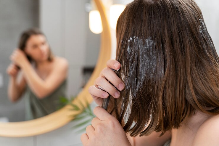 Young woman deep conditioning her hair