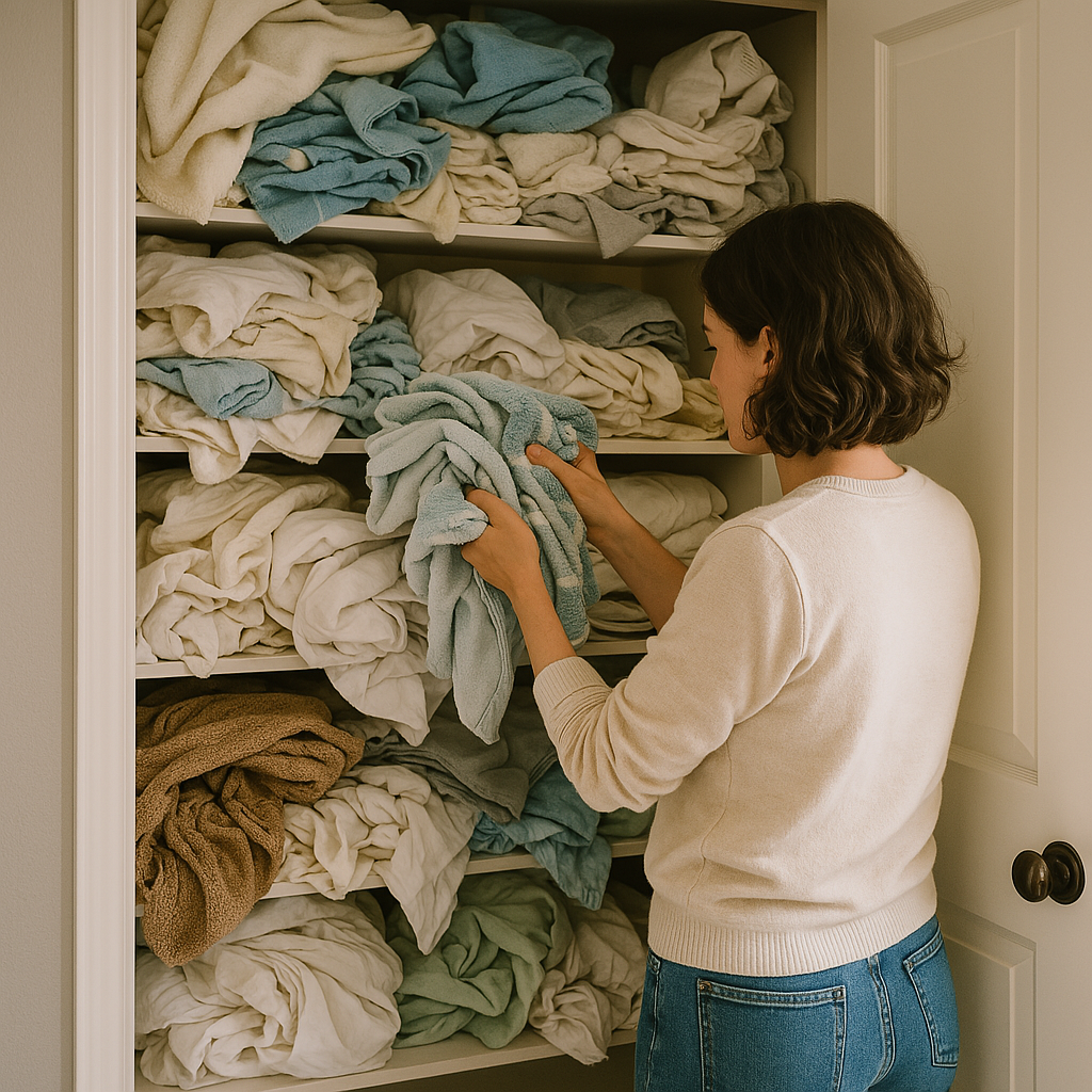 Thumbnail Image A person standing in front of an open linen closet, pulling out towels, sheets, and blankets. The closet is messy and overflowing, and the person looks ready to organize.