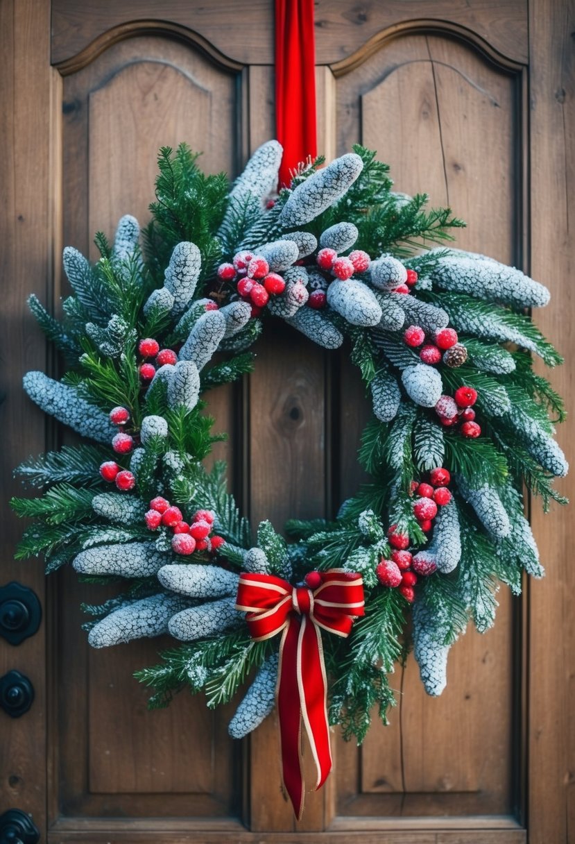 A lush wreath of frosted berries and evergreen branches hangs on a rustic wooden door, adorned with a festive red ribbon