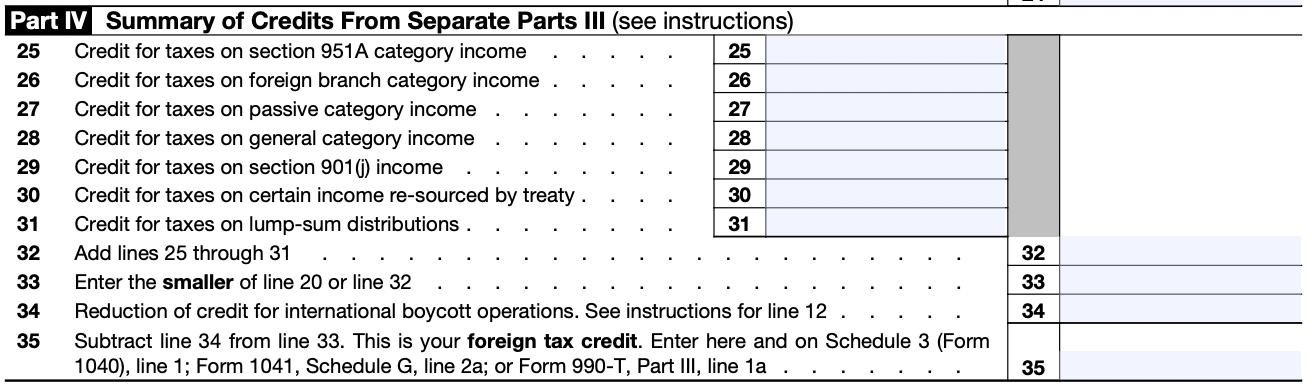 A screenshot of Part IV of Form 1116, "Summary of Credits From Separate Parts III."