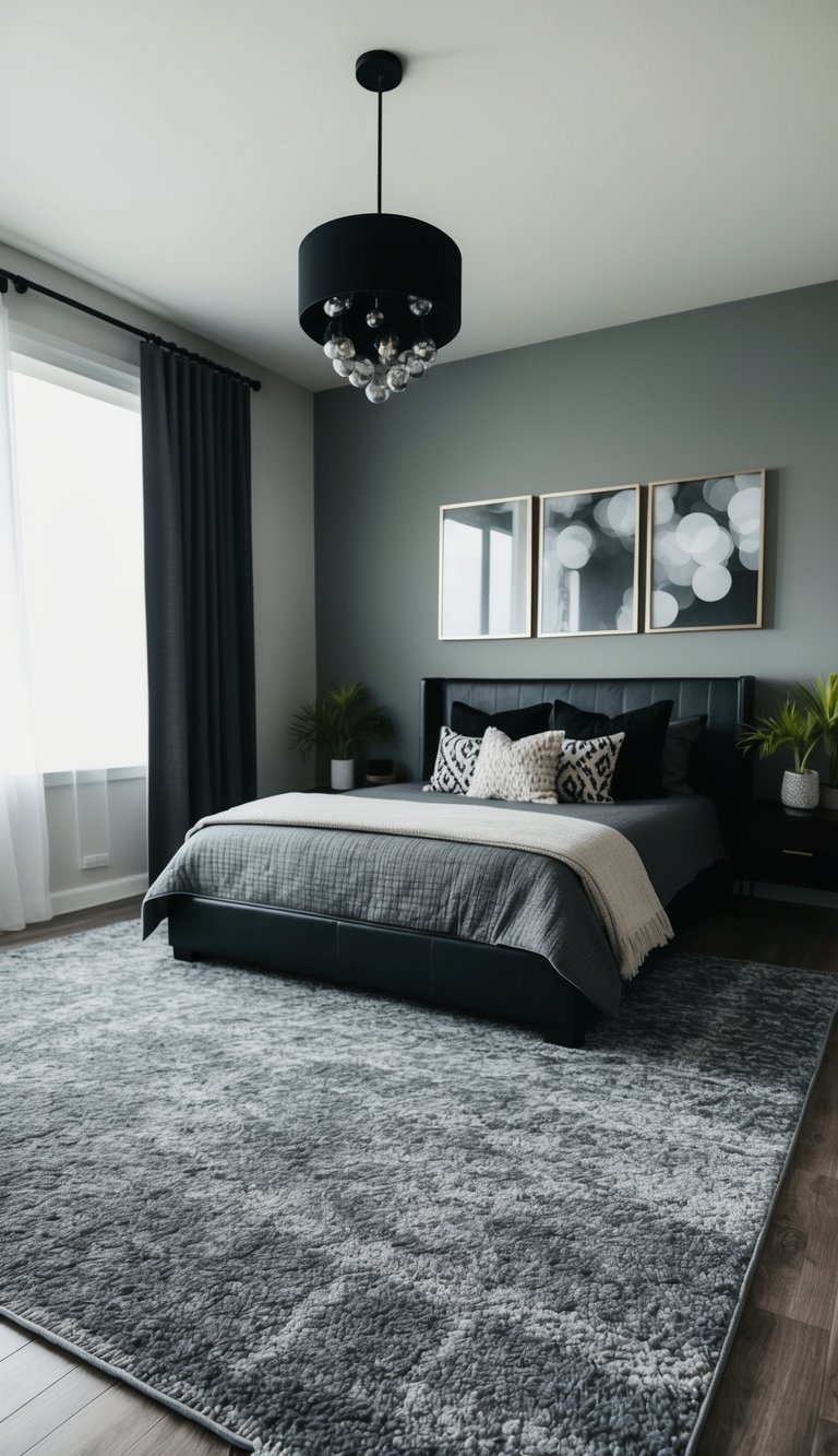 A stormy gray area rug anchors a modern bedroom with black and gray decor