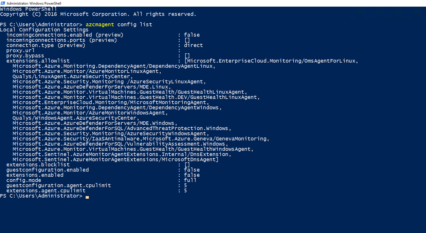 Configure Azure Arc agent extensions in Windows