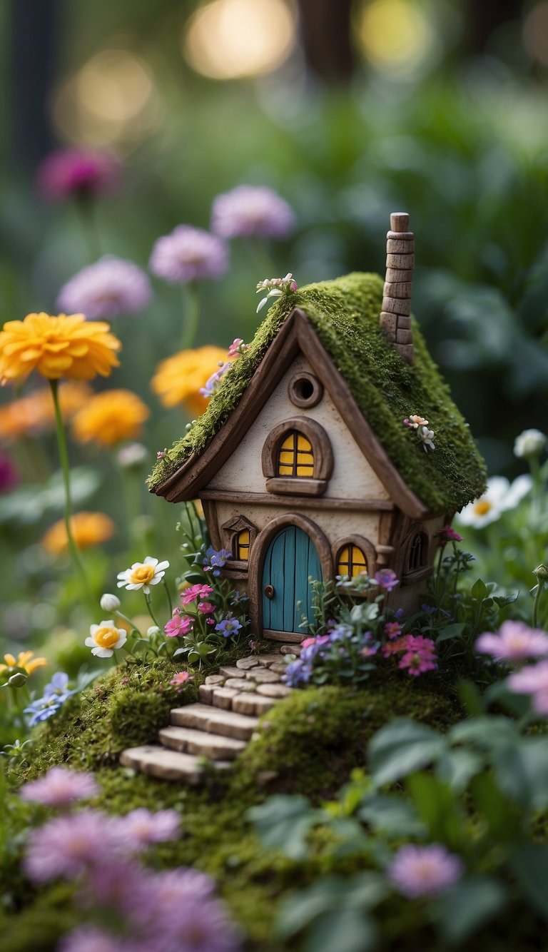 A lush backyard garden with colorful flowers and delicate fairy wings scattered among the greenery. A small fairy house sits nestled among the plants, creating a whimsical and enchanting scene