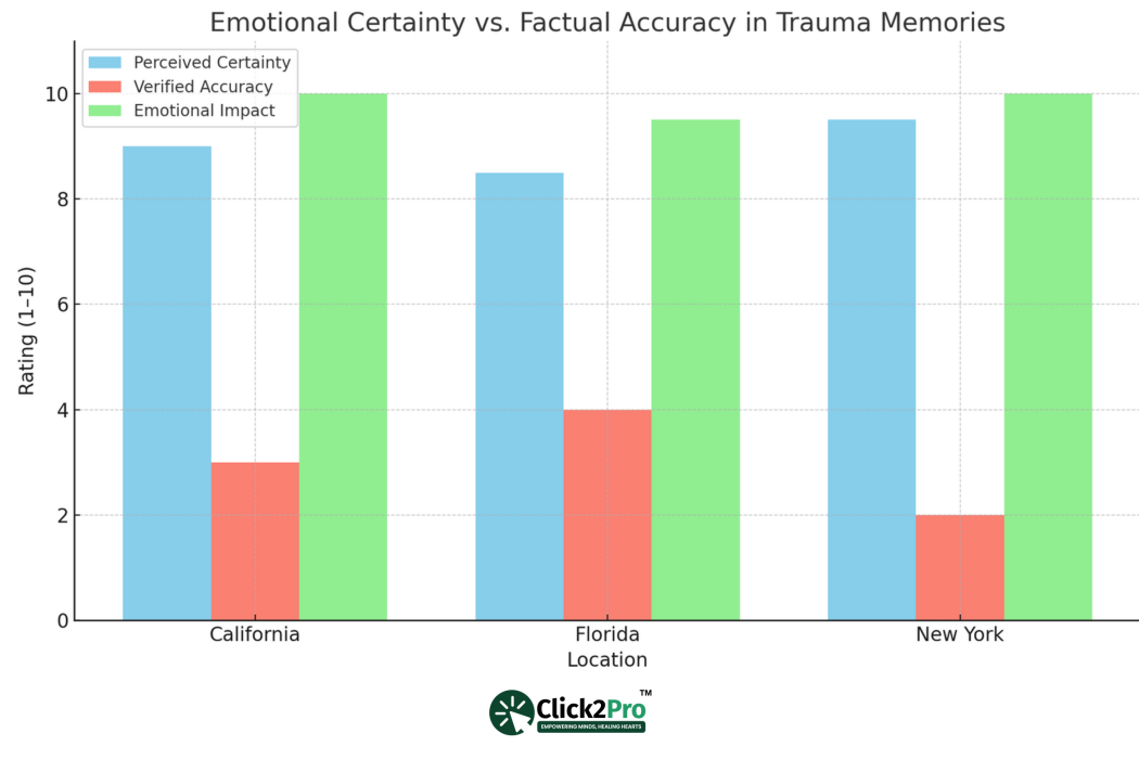 Bar graph comparing emotional certainty, factual accuracy, and impact in trauma memories by state