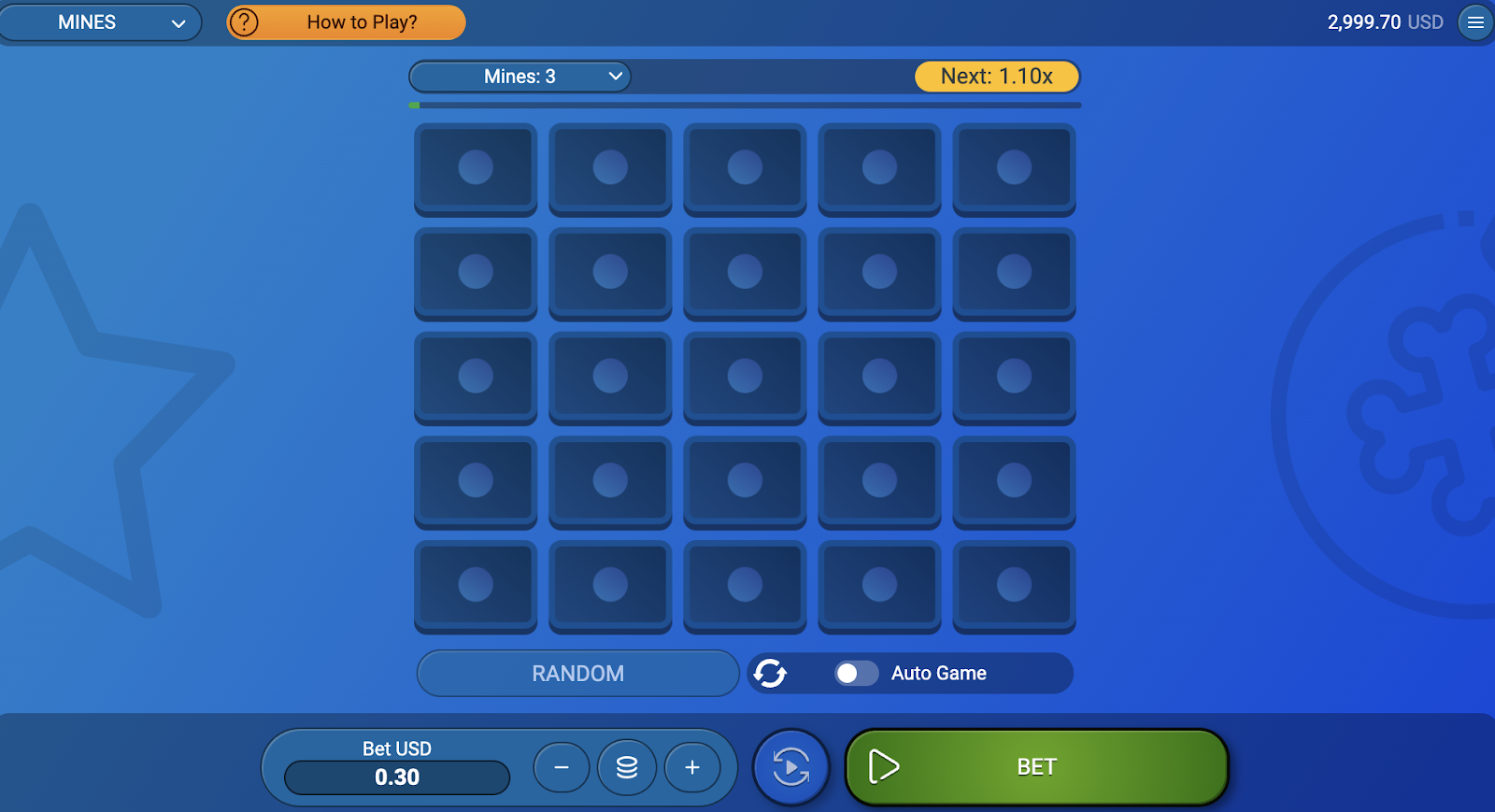 Interface do jogo Mines com aposta definida em dólares e opções de jogo automático.