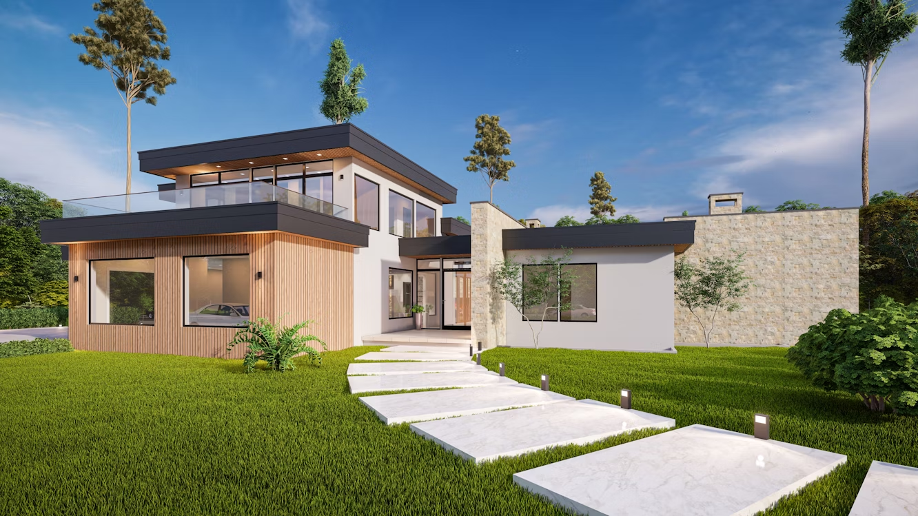 Contemporary two-story home with flat rooflines, large windows, and a minimalist landscape featuring a wide stone paver walkway, accent lighting, and manicured lawn.