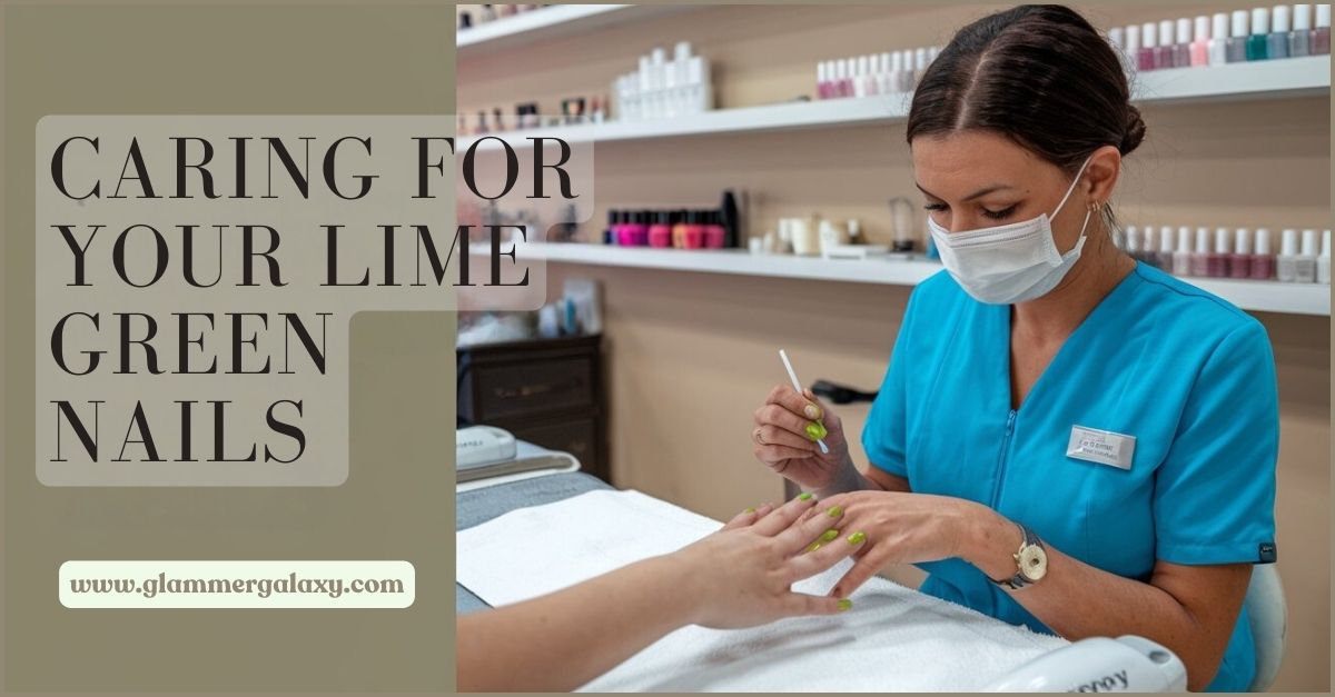 Person receiving manicure for lime green nails at salon, text overlay.