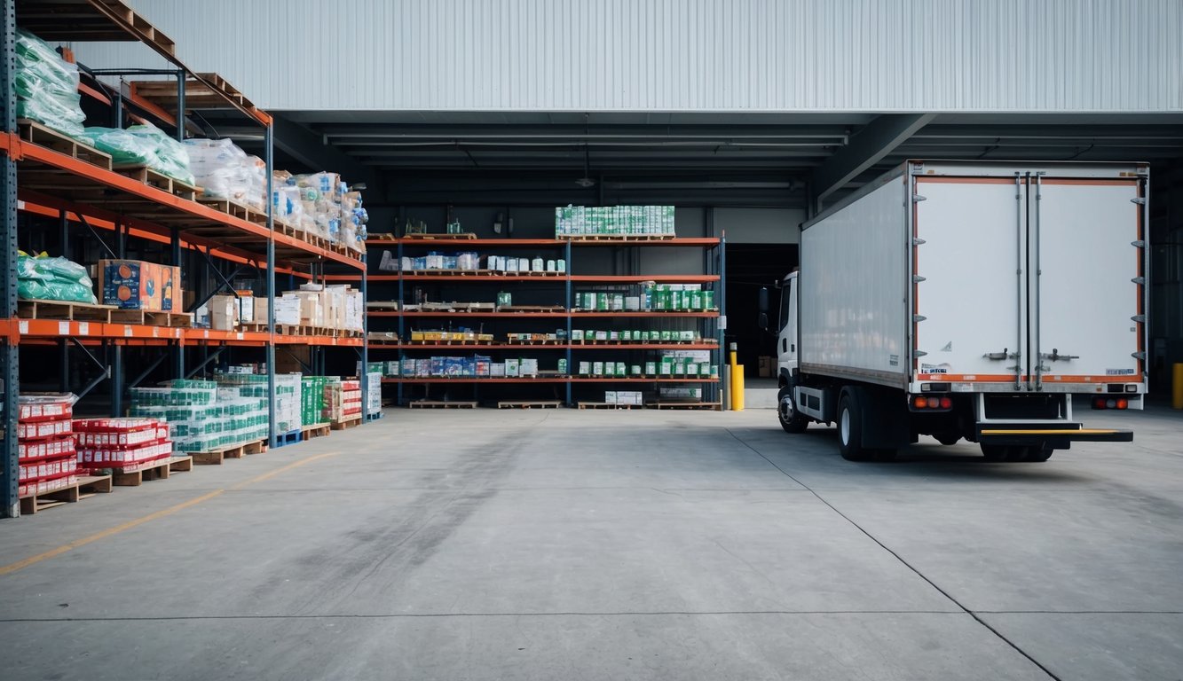 A warehouse with shelves of damaged and expired products, while a delivery truck waits outside