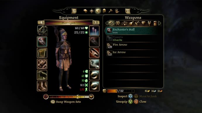 Menu perlengkapan karakter untuk Morrigan di Dragon Age: Origins.