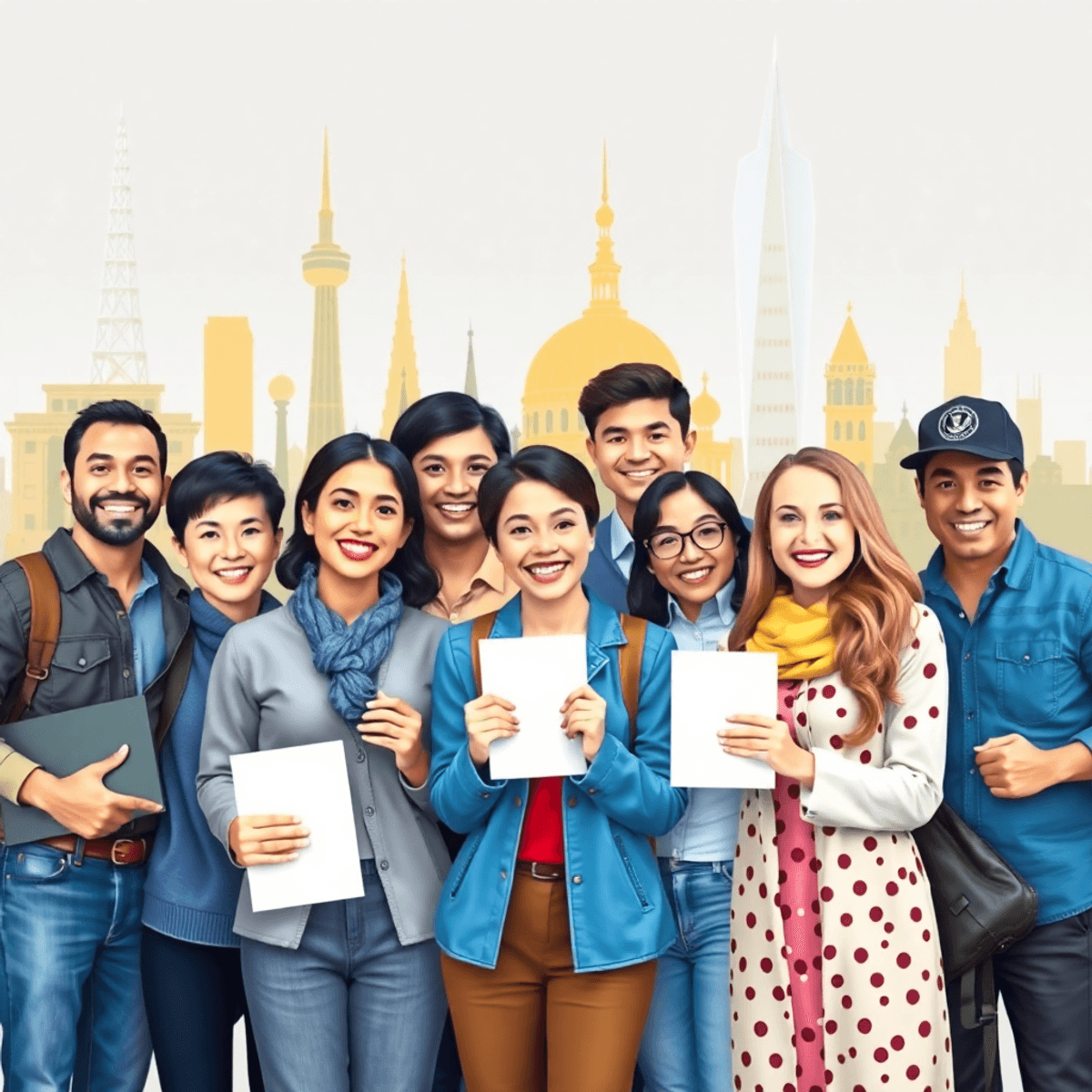 Um grupo diversificado de pessoas sorrindo e segurando documentos, celebrando sua bem-sucedida jornada de imigração em frente a um pano de fundo de marcos icônicos.