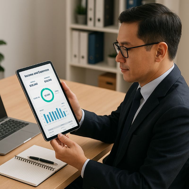 Doanh nhân kiểm tra báo cáo tài chính trên máy tính bảng