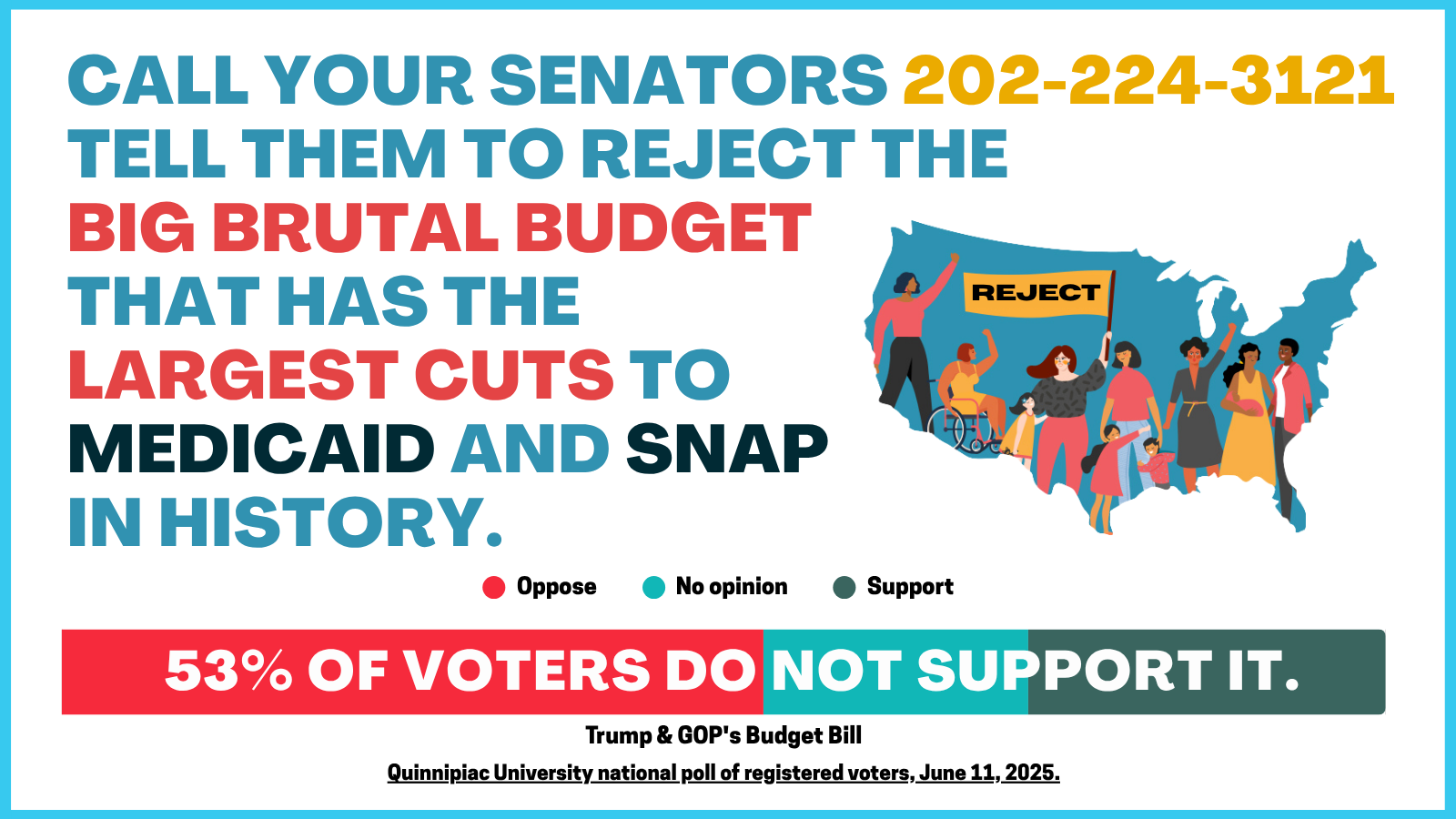 Graphic with text: Call your Senators 202-224-3121. Tell them to reject the big brutal budget that has the largest cuts to Medicaid and Snap in history. 53% of voters do not support it! 
